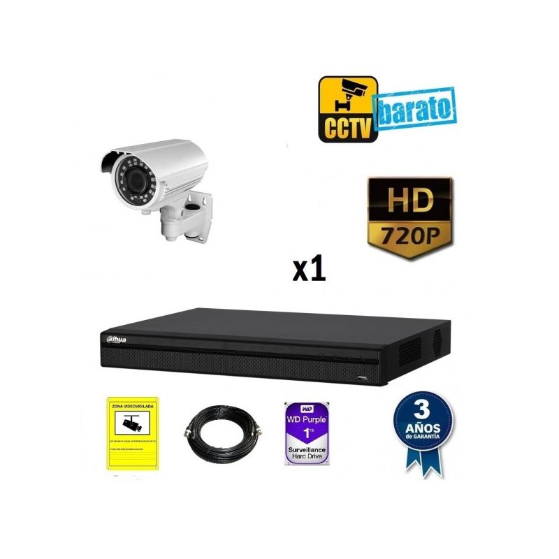 

Dahua - Kit de videovigilancia HD 1 cámara bullet varifocal exterior más grabador de 4 canales., Añadir mas memoria :3TB,Cambiar cables : 10m,Incluir