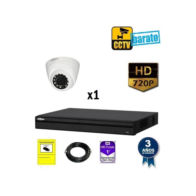 

Dahua - Kit de videovigilancia HD 1 cámara domo interior óptica fija más grabador de 4 canales., Añadir mas memoria :2TB,Cambiar cables : 20m,Incluir