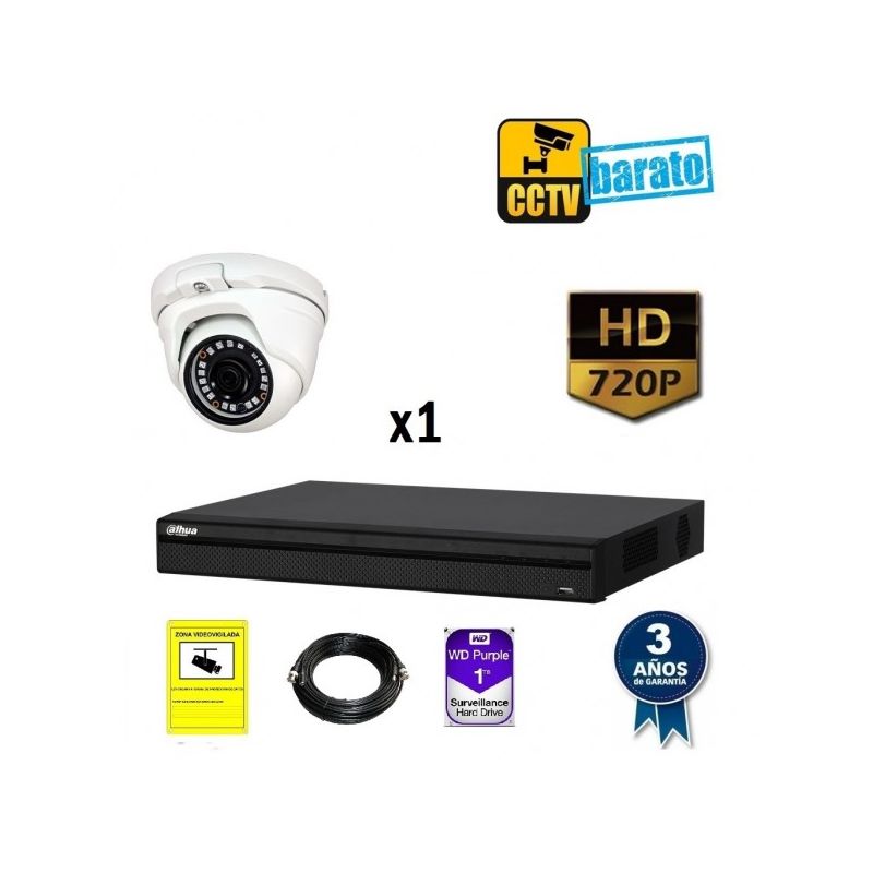 

Dahua - Kit de videovigilancia HD 1 cámara domo exterior óptica fija más grabador de 4 canales., Añadir mas memoria :3TB,Cambiar cables : 10m,Incluir