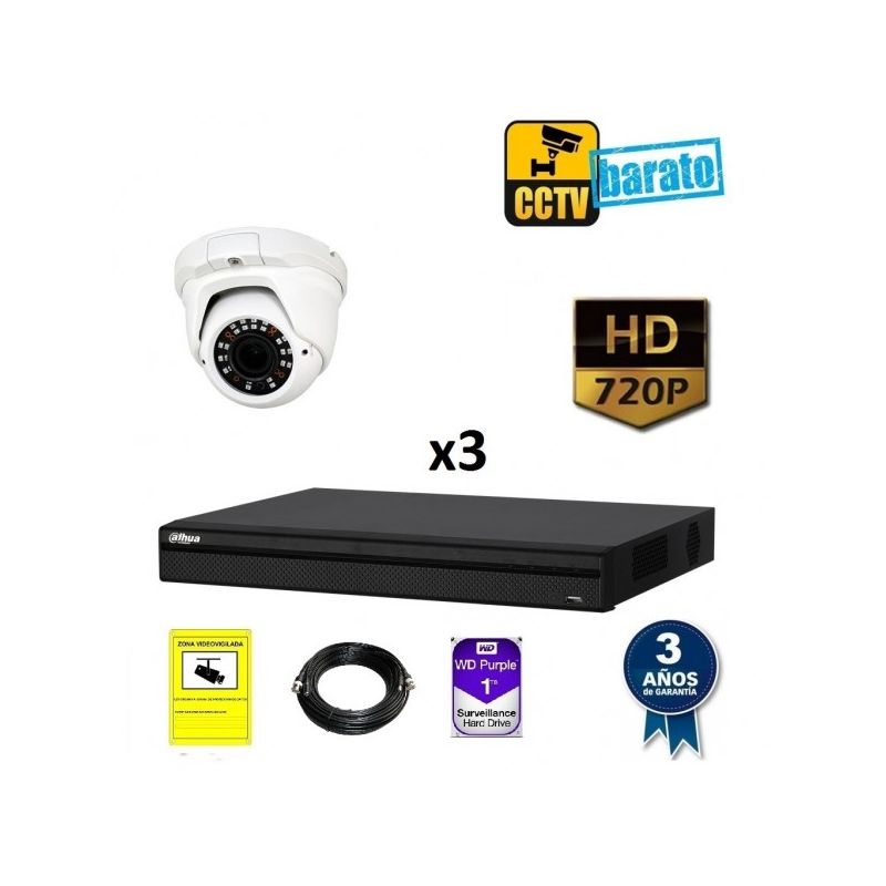 

Dahua - Kit de videovigilancia HD 3 cámaras domo varifocal exterior más grabador de 4 canales., Añadir mas memoria :2TB,Cambiar cables : 20m,Incluir