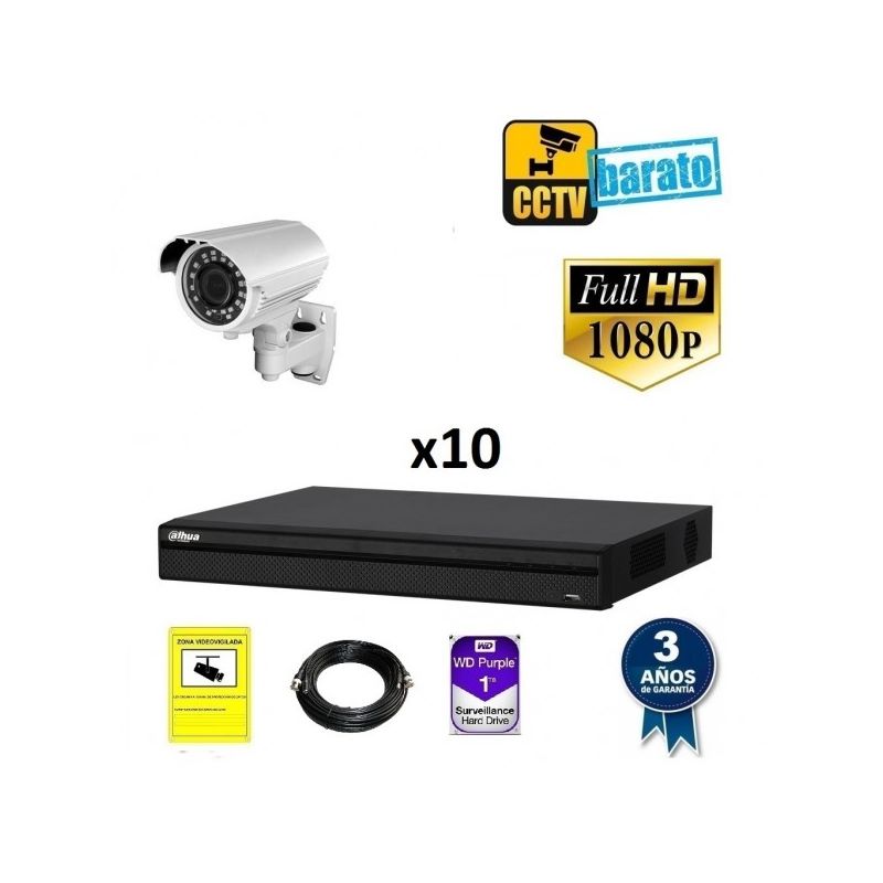 

Dahua - Kit de videovigilancia 1080P FULL HD 10 cámaras bullet varifocal exterior más grabador de 16 canales., Añadir mas memoria :1TB,Cambiar cables