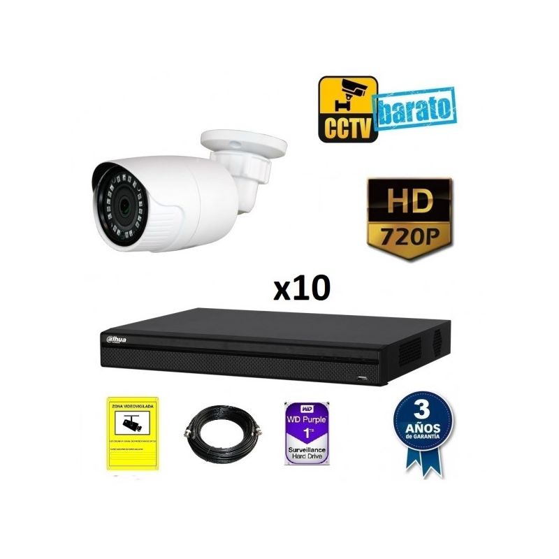 

Dahua - Kit de videovigilancia HD 10 cámaras bullet exterior óptica fija 720p más grabador de 16 canales., Añadir mas memoria :3TB,Cambiar cables :