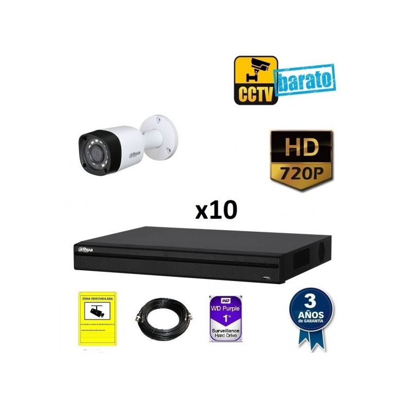 

Dahua - Kit de videovigilancia HD 10 cámaras bullet exterior óptica fija 720p más grabador de 16 canales., Añadir mas memoria :4TB,Cambiar cables :