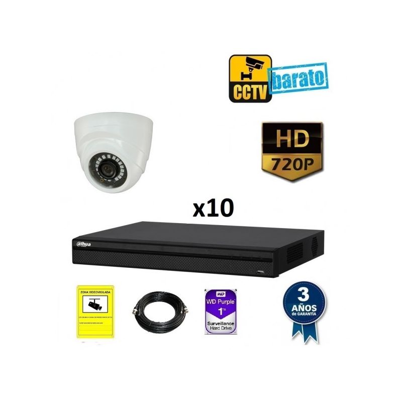 

Kit de videovigilancia HD 10 cámaras domo interior óptica fija más grabador de 16 canales., Añadir mas memoria :2TB,Cambiar cables : 10m,Incluir