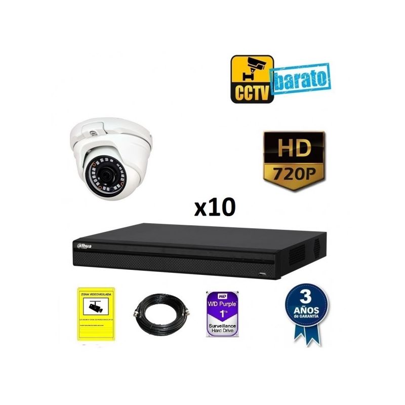 

Dahua - Kit de videovigilancia HD 10 cámaras domo exterior óptica fija más grabador de 16 canales., Añadir mas memoria :1TB,Cambiar cables :