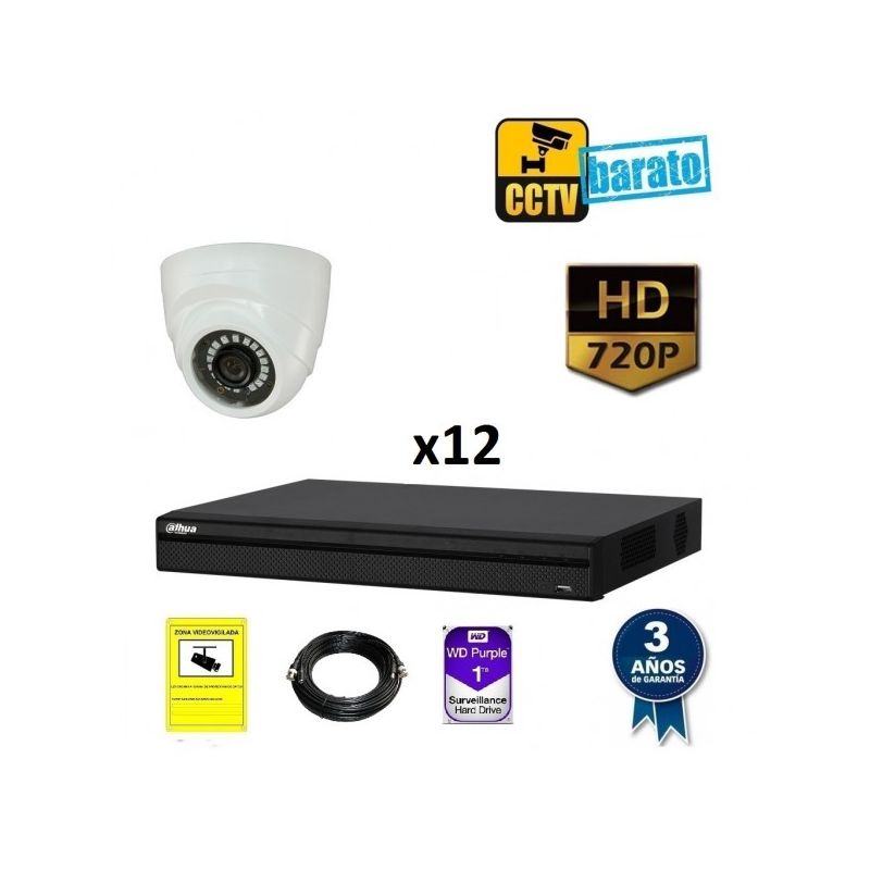 

Dahua - Kit de videovigilancia HD 12 cámaras domo interior óptica fija más grabador de 16 canales., Añadir mas memoria :6TB,Cambiar cables :