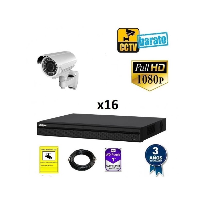 

Dahua - Kit de videovigilancia 1080P FULL HD 16 cámaras bullet varifocal exterior más grabador de 16 canales., Añadir mas memoria :4TB,Cambiar cables