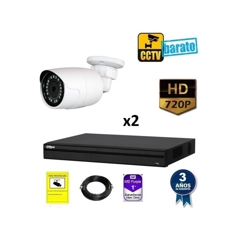 

Dahua - Kit de videovigilancia HD 2 cámaras bullet exterior óptica fija 2.8 mm más grabador de 4 canales., Añadir mas memoria :3TB,Cambiar cables :