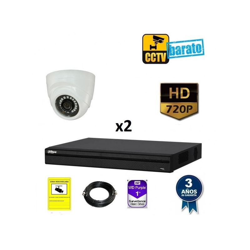 

Dahua - Kit de videovigilancia HD 2 cámaras domo interior óptica fija más grabador de 4 canales., Añadir mas memoria :6TB,Cambiar cables :