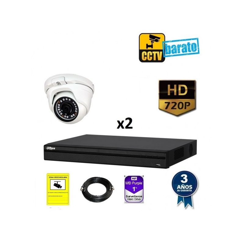 

Dahua - Kit de videovigilancia HD 2 cámaras domo exterior óptica fija más grabador de 4 canales., Añadir mas memoria :1TB,Cambiar cables : Bobina UTP