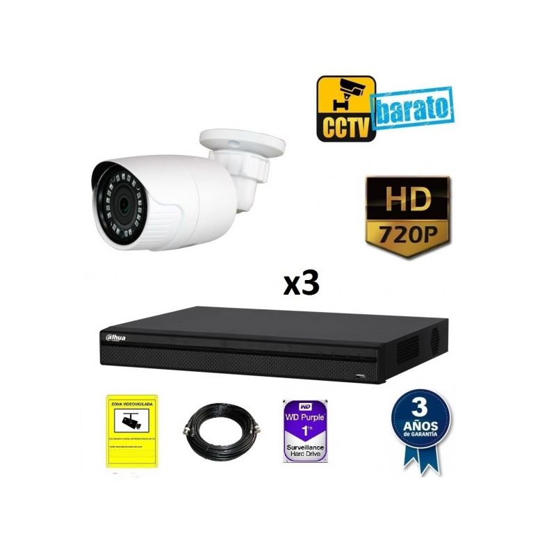 

Dahua - Kit de videovigilancia HD 3 cámaras bullet exterior óptica fija 3.6mm más grabador de 4 canales., Añadir mas memoria :2TB,Cambiar cables :