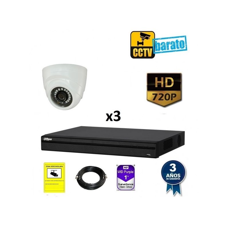 

Dahua - Kit de videovigilancia HD 3 cámaras domo interior óptica fija más grabador de 4 canales., Añadir mas memoria :3TB,Cambiar cables :