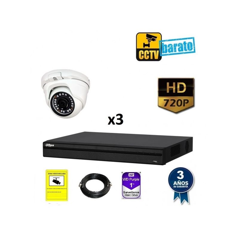 

Dahua - Kit de videovigilancia HD 3 cámaras domo exterior/interior óptica fija más grabador de 4 canales., Añadir mas memoria :3TB,Cambiar cables :