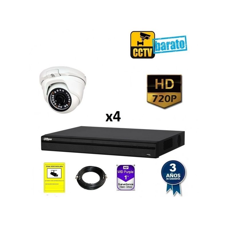 

Dahua - Kit de videovigilancia hd 4 cámaras domo exterior/interior óptica fija más grabador de 4 canales., Añadir mas memoria :1TB,Cambiar cables :