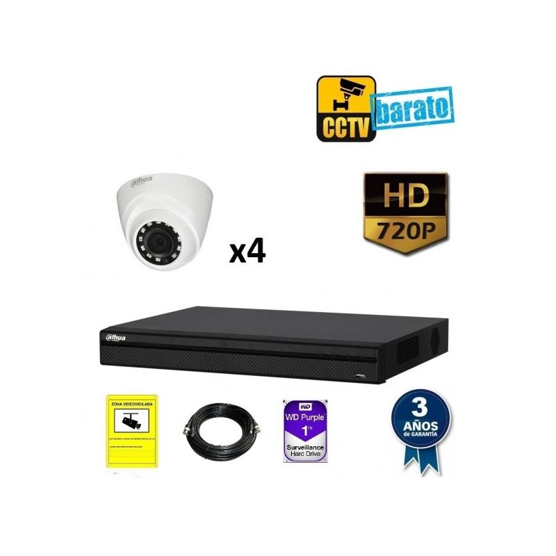 

Dahua - Kit de videovigilancia HD 4 cámaras domo interior óptica fija más grabador de 4 canales., Añadir mas memoria :4TB,Cambiar cables :