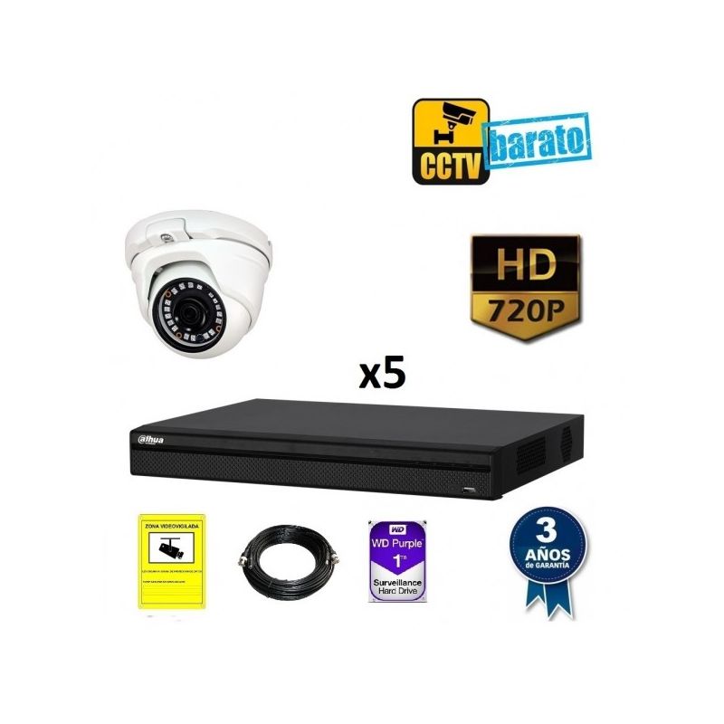 

Dahua - Kit de videovigilancia HD 5 cámaras domo exterior/interior óptica fija más grabador de 8 canales., Añadir mas memoria :3TB,Cambiar cables :