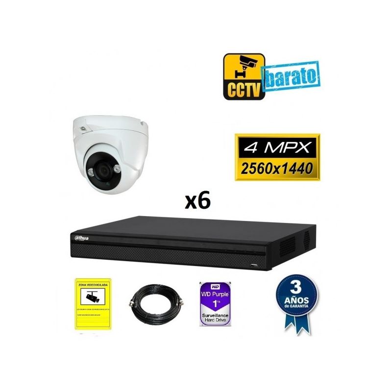 

Dahua - Kit de videovigilancia FULL HD 6 cámaras domo 4Mpx exterior/interior óptica fija más grabador de 8 canales, Añadir mas memoria :4TB,Cambiar