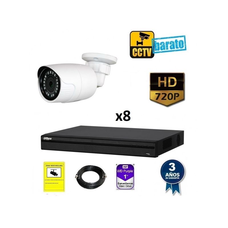 

Dahua - Kit de videovigilancia HD 8 cámaras bullet exterior óptica fija 720p más grabador de 8 canales., Añadir mas memoria :4TB,Cambiar cables :