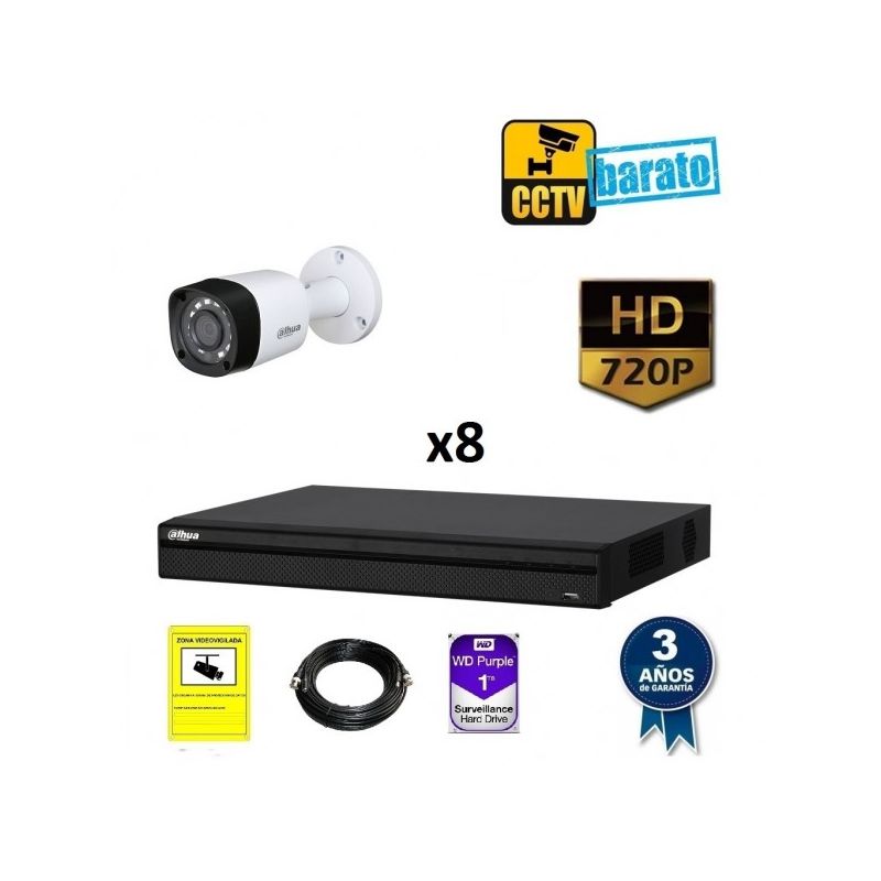Dahua - Kit de videovigilancia HD 8 cámaras bullet exterior óptica fija 720p más grabador de 8 canales., Añadir mas memoria :2TB,Cambiar cables :