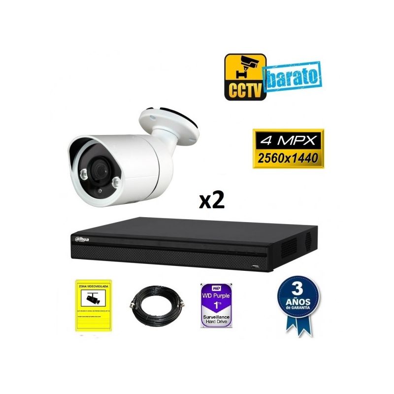 

Kit de videovigilancia 2 cámaras bullet 4Mpx exterior óptica fija más grabador de 4 canales, Añadir mas memoria :6TB,Cambiar cables : 30m,Incluir