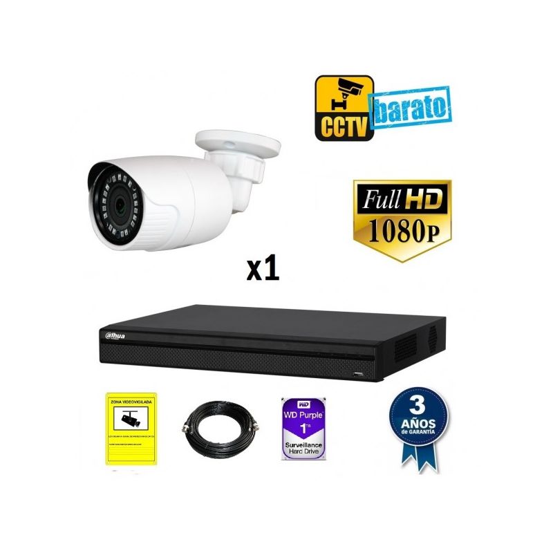 

Dahua - Kit de videovigilancia FULL HD 1 cámara bullet exterior óptica fija más grabador de 4 canales, Añadir mas memoria :1TB,Cambiar cables :