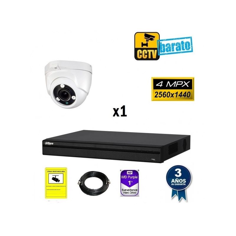 

Dahua - Kit de videovigilancia FULL HD 1 cámara domo varifocal 4Mpx exterior/interior más grabador de 4 canales., Añadir mas memoria :2TB,Cambiar