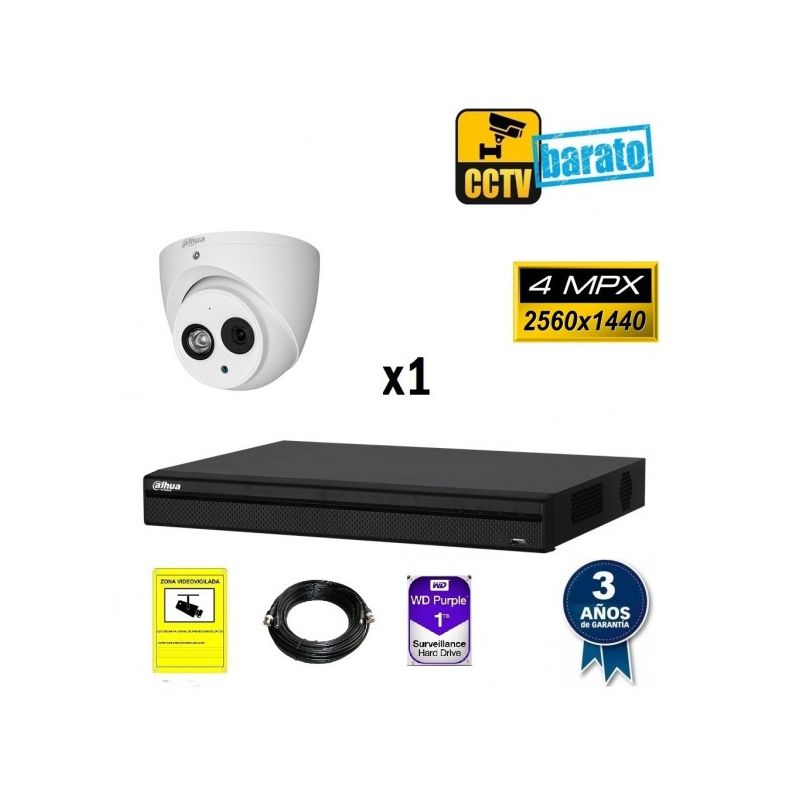 

Dahua - Kit de videovigilancia 1 cámara domo 4Mpx exterior/interior óptica fija más grabador de 4 canales, Añadir mas memoria :2TB,Cambiar cables :