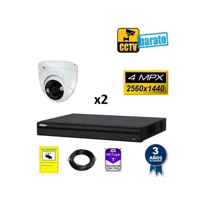 

Dahua - Kit de videovigilancia 2 cámaras domo 4Mpx exterior/interior óptica fija más grabador de 4 canales, Añadir mas memoria :2TB,Cambiar cables :