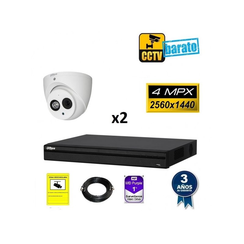 

Dahua - Kit de videovigilancia 2 cámaras domo 4Mpx exterior/interior óptica fija más grabador de 4 canales, Añadir mas memoria :4TB,Cambiar cables :