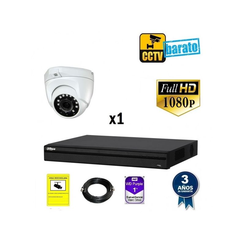 

Dahua - Kit de videovigilancia FULL HD 1 cámara domo varifocal motorizada exterior/interior más grabador de 4 canales., Añadir mas memoria