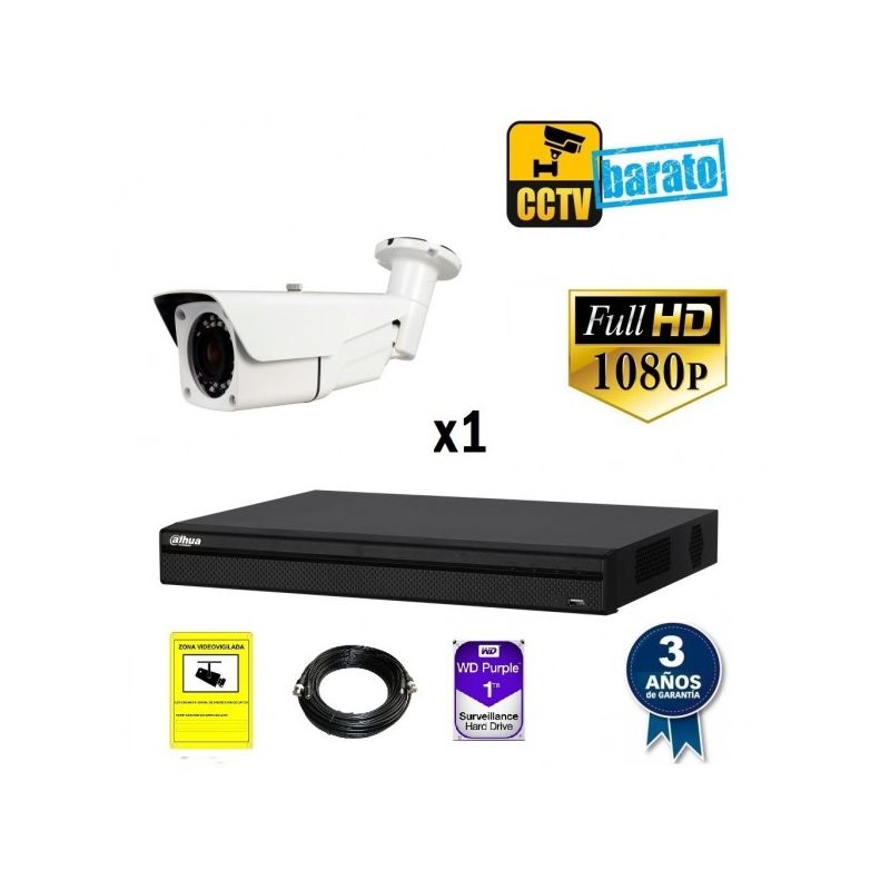 

Dahua - Kit de videovigilancia FULL HD 1 cámara bullet varifocal motorizada exterior más grabador de 4 canales, Añadir mas memoria :3TB,Cambiar