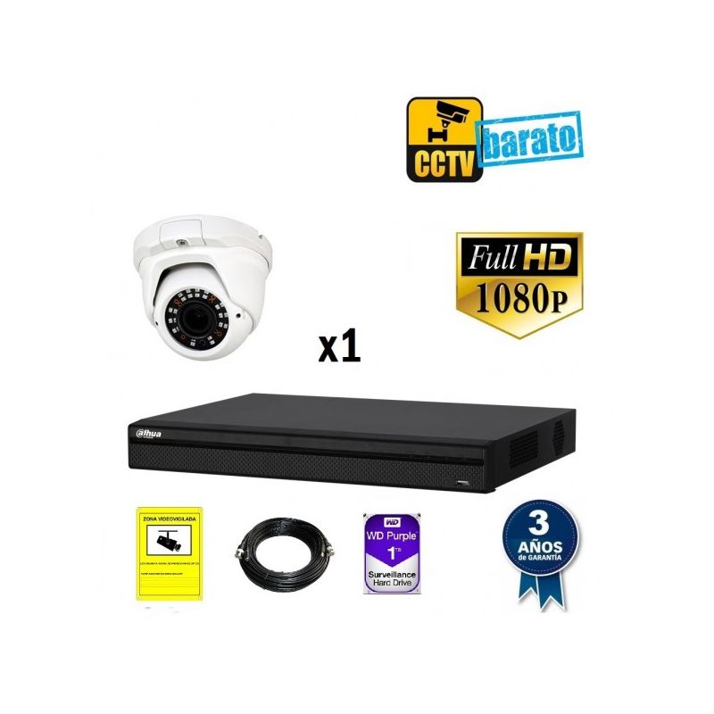 

Dahua - Kit de videovigilancia FULL HD 1 cámara domo varifocal exterior/interior más grabador de 4 canales, Añadir mas memoria :2TB,Cambiar cables :