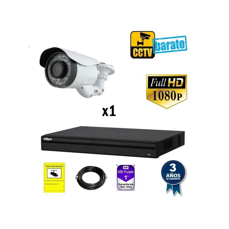 

Kit de videovigilancia FULL HD 1 cámara bullet varifocal exterior más grabador de 4 canales., Añadir mas memoria :2TB,Cambiar cables : 20m,Incluir