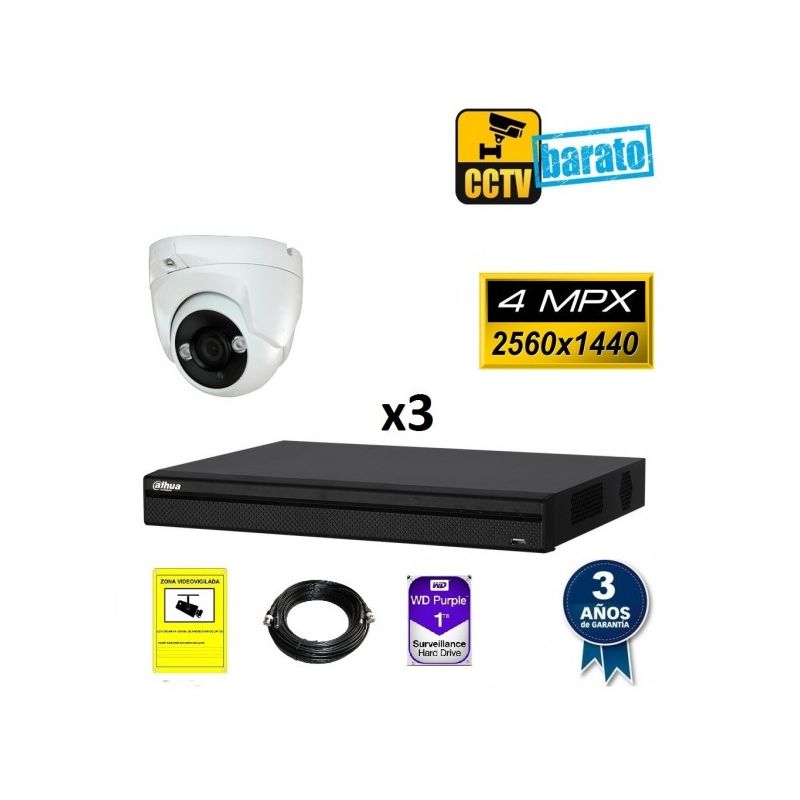 

Dahua - Kit de videovigilancia 3 cámaras domo 4Mpx exterior/interior óptica fija más grabador de 4 canales, Añadir mas memoria :1TB,Cambiar cables :