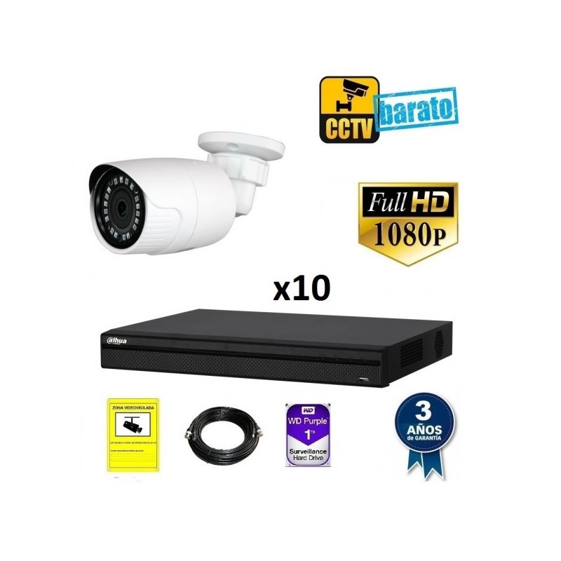 

Dahua - Kit de videovigilancia FULL HD 10 cámaras bullet exterior óptica fija más grabador de 16 canales., Añadir mas memoria :6TB,Cambiar cables :