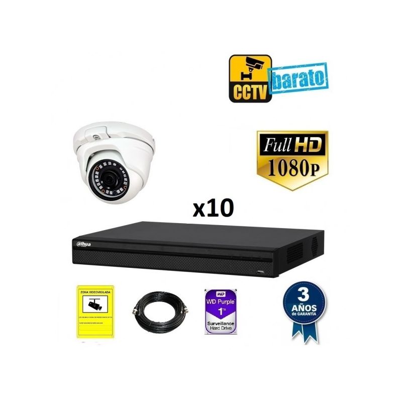 

Dahua - Kit de videovigilancia FULL HD 10 cámaras domo exterior óptica fija más grabador de 16 canales., Añadir mas memoria :1TB,Cambiar cables :