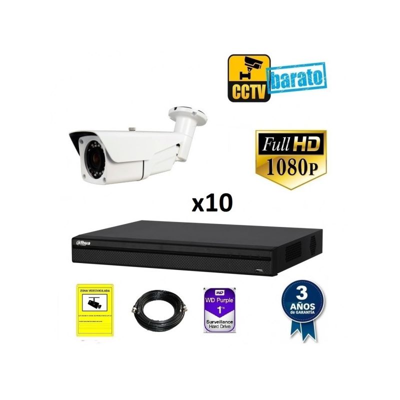 

Kit de videovigilancia FULL HD 10 cámaras bullet exterior varifocal motorizada más grabador de 16 canales, Añadir mas memoria :1TB,Cambiar cables :