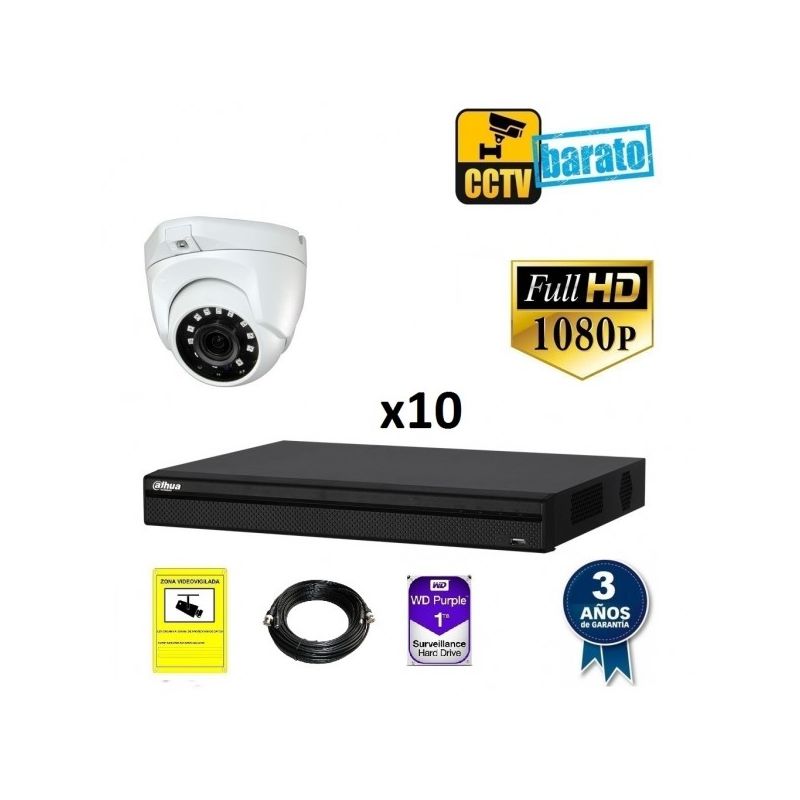 

Dahua - Kit de videovigilancia FULL HD 10 cámaras domo exterior/interior varifocal motorizada más grabador de 16 canales, Añadir mas memoria