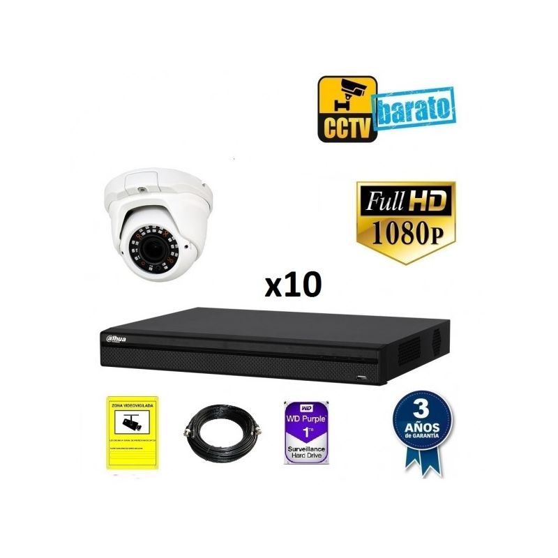 

Kit de videovigilancia FULL HD 10 cámaras domo exterior/interior varifocal más grabador de 16 canales., Añadir mas memoria :4TB,Cambiar cables :