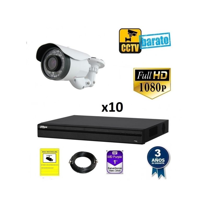 

Dahua - Kit de videovigilancia full hd 10 cámaras bullet varifocal exterior más grabador de 16 canales., Añadir mas memoria :1TB,Cambiar cables :