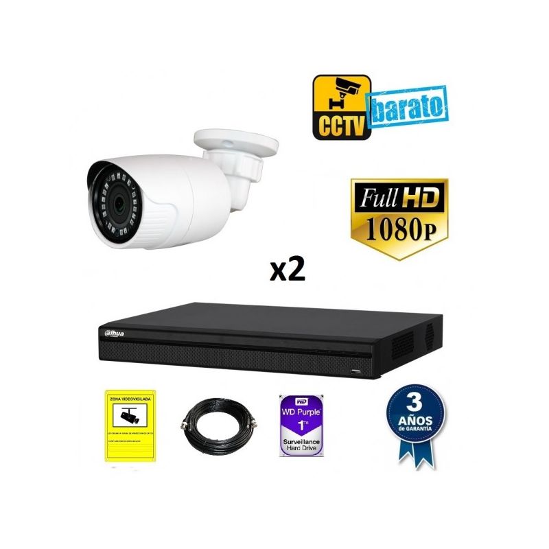 

Dahua - Kit de videovigilancia FULL HD 2 cámaras bullet exterior óptica fija más grabador de 4 canales., Añadir mas memoria :6TB,Cambiar cables :