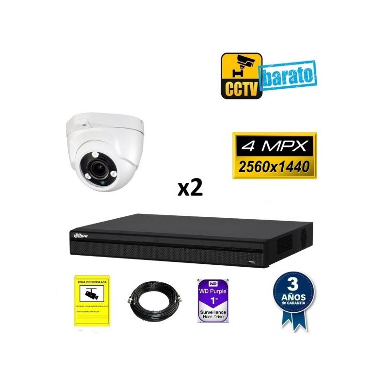 

Dahua - Kit de videovigilancia FULL HD 2 cámaras domo varifocal 4Mpx exterior/interior más grabador de 4 canales., Añadir mas memoria :4TB,Cambiar