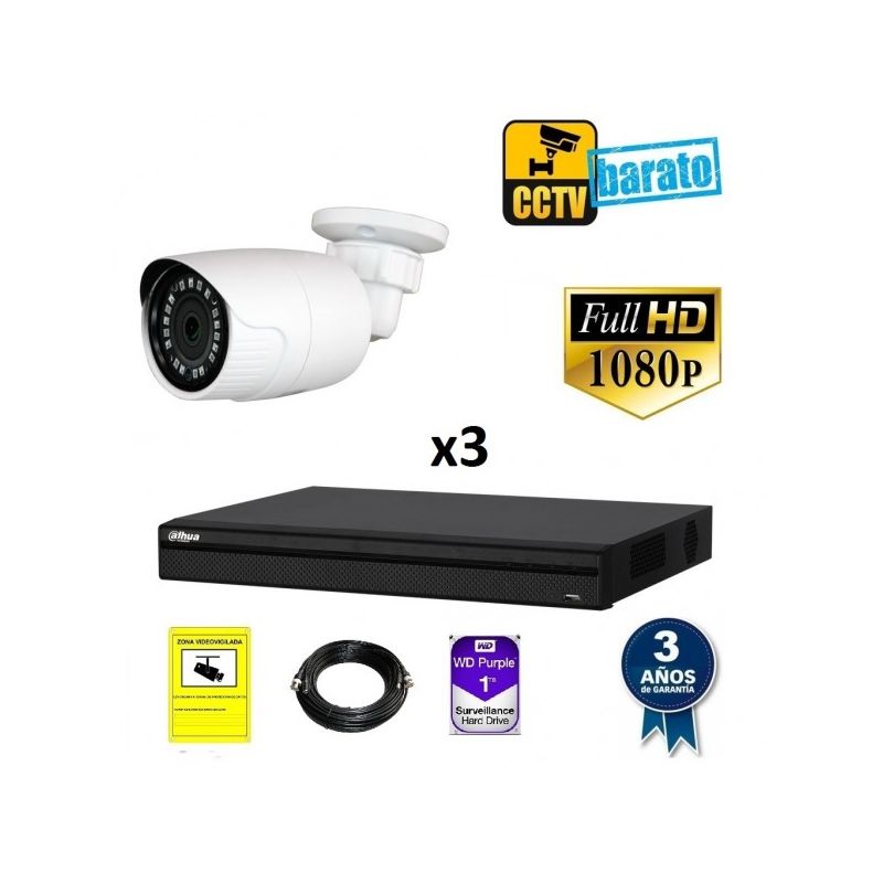 

Dahua - Kit de videovigilancia FULL HD 3 cámaras bullet exterior óptica fija más grabador de 4 canales., Añadir mas memoria :1TB,Cambiar cables :