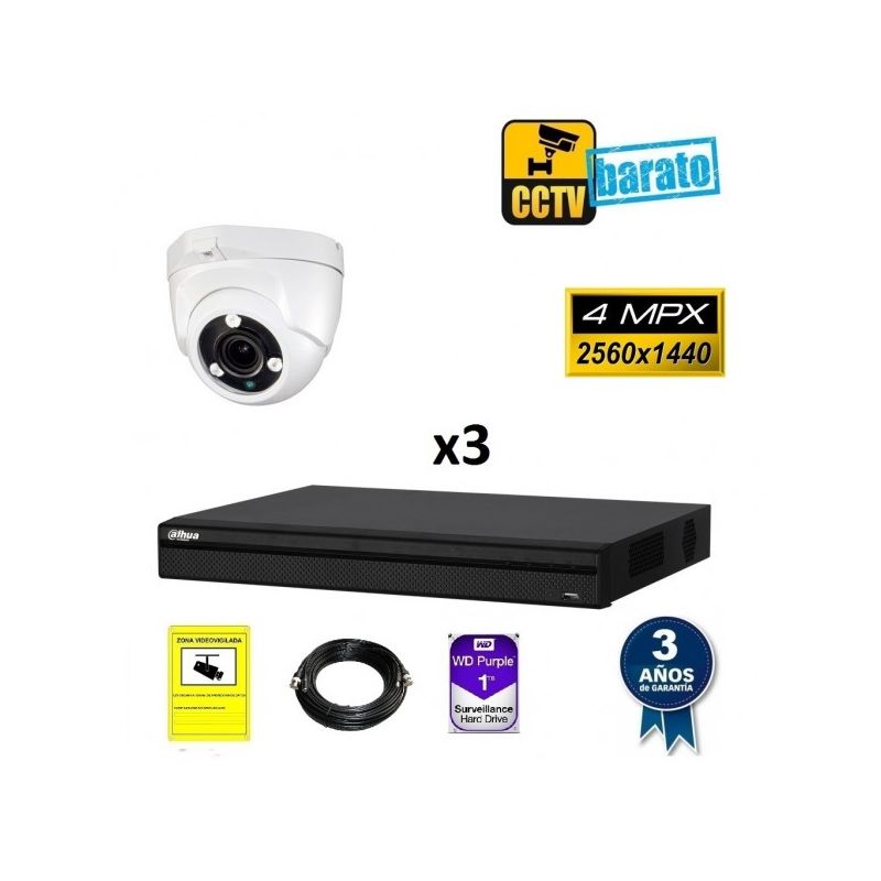 

Dahua - Kit de videovigilancia FULL HD 3 cámaras domo varifocal 4Mpx exterior/interior más grabador de 4 canales., Añadir mas memoria :6TB,Cambiar