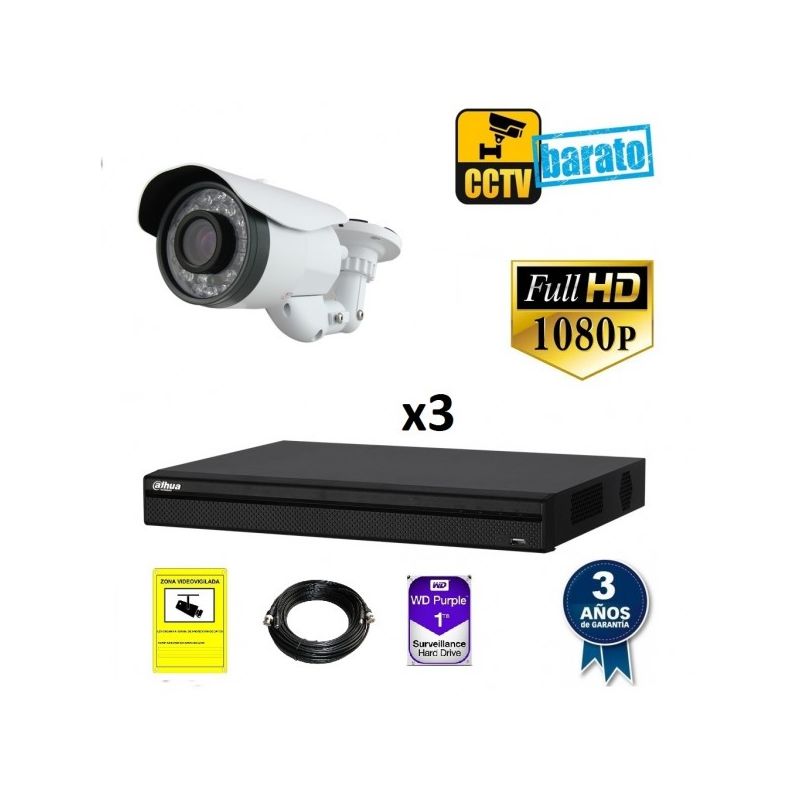 

Dahua - Kit de videovigilancia FULL HD 3 cámaras bullet varifocal exterior más grabador de 4 canales., Añadir mas memoria :2TB,Cambiar cables :