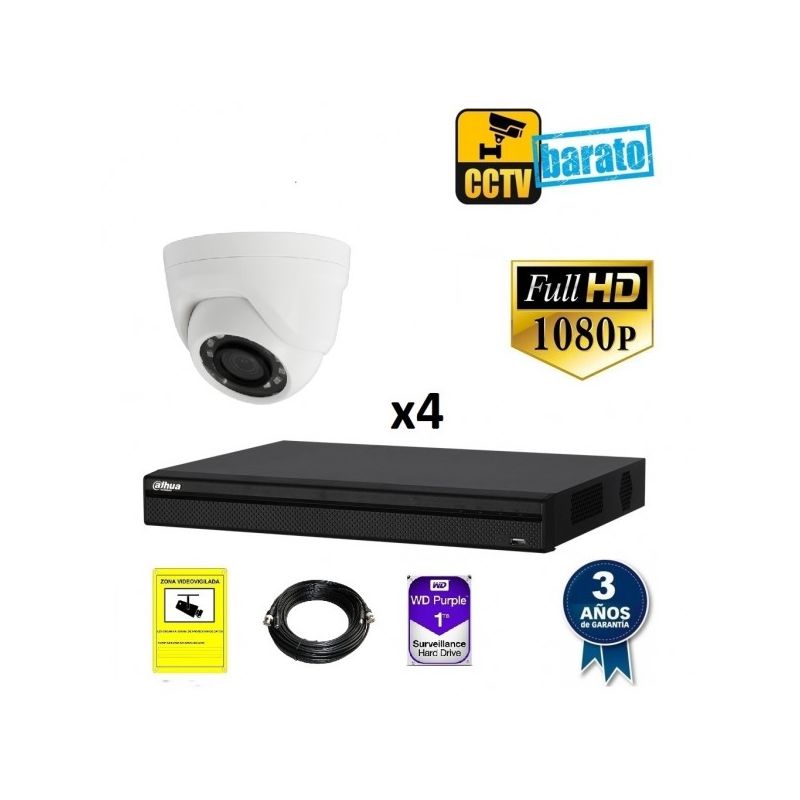 

Dahua - Kit de videovigilancia FULL HD 4 cámaras domo interior óptica fija más grabador de 4 canales., Añadir mas memoria :4TB,Cambiar cables :