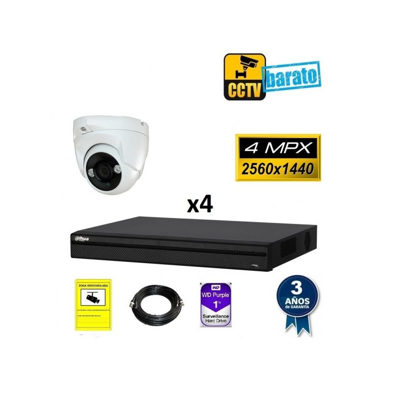 

Dahua - Kit de videovigilancia 4 cámaras domo 4Mpx exterior/interior óptica fija más grabador de 4 canales, Añadir mas memoria :6TB,Cambiar cables :