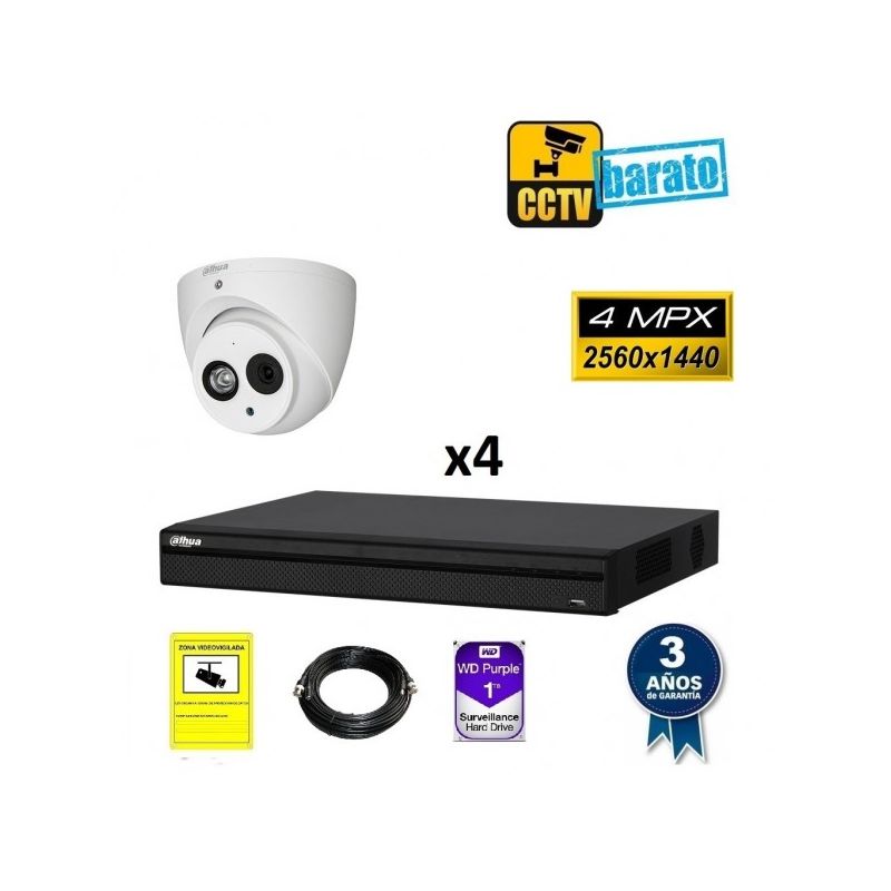 

Dahua - Kit de videovigilancia 4 cámaras domo 4Mpx exterior/interior óptica fija más grabador de 4 canales, Añadir mas memoria :3TB,Cambiar cables :