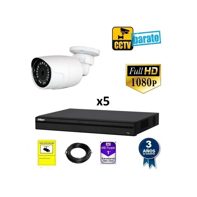 

Dahua - Kit de videovigilancia FULL HD 5 cámaras bullet exterior óptica fija más grabador de 8 canales., Añadir mas memoria :4TB,Cambiar cables :