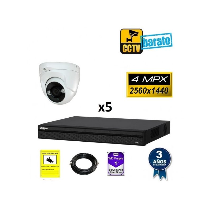 

Kit de videovigilancia 5 cámaras domo 4Mpx exterior/interior óptica fija más grabador de 8 canales, Añadir mas memoria :6TB,Cambiar cables :